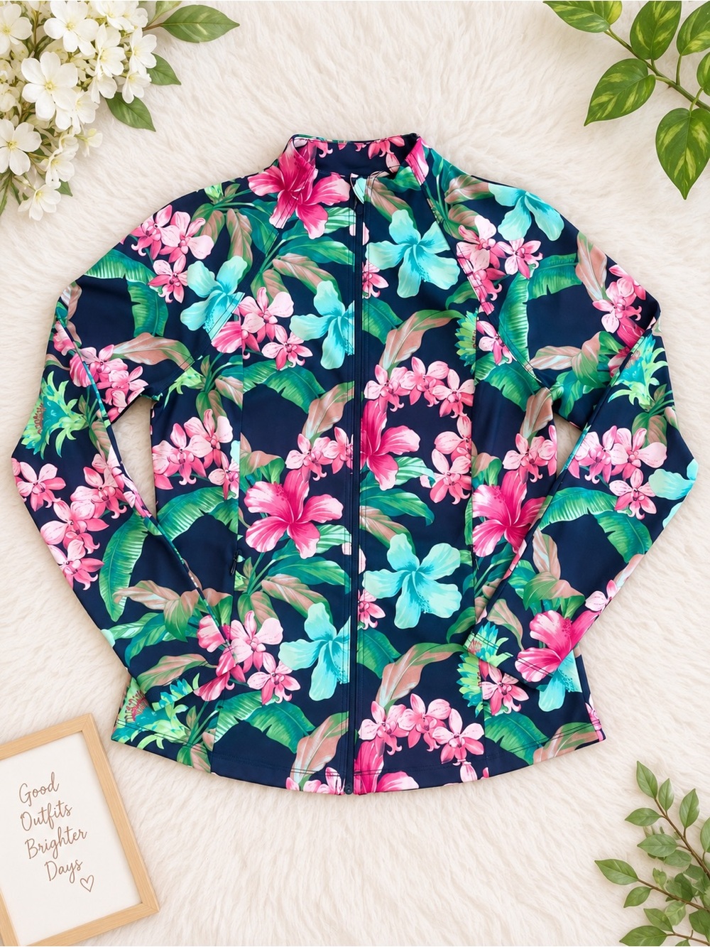 Tommy Bahama Navy Floral Zip-Up Swim Jacket with Pink & Teal Flowers